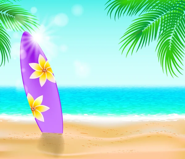 Летний плакат с доской для серфинга и пальмовыми листьями на песчаном пляже — стоковый вектор