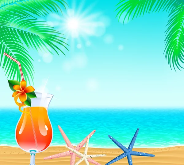 El cartel junto al mar con un mar, hojas de palma, rayos de sol, cóctel a — Vector de stock