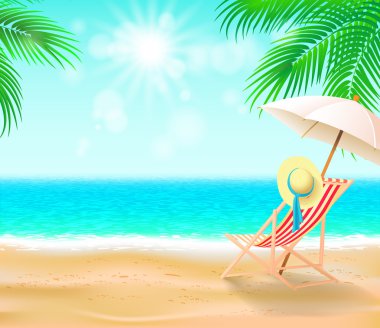 bir deniz, palmiye yaprakları, güneş ışınları, bir şapka, bir su ile sahil afiş