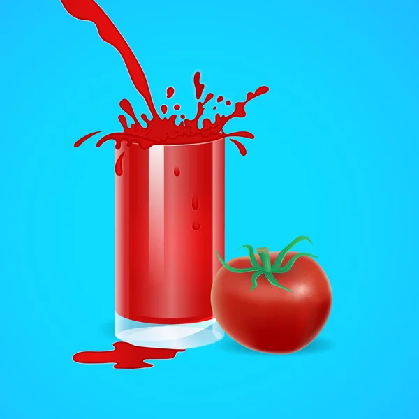 Verre réaliste avec chute de jus et le légume de tomate sur b — Image vectorielle