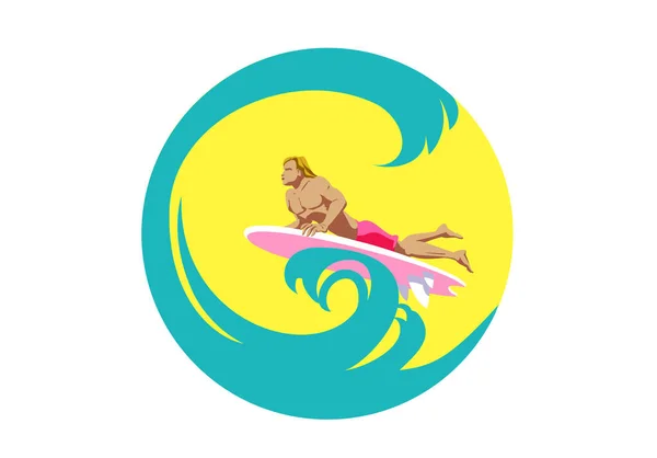 Zomer Poster Met Surfer Cartoon Stijl Zee Achtergrond Vectorillustratie — Stockvector