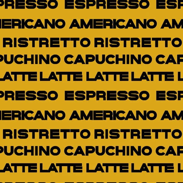 Kaffee Nahtlose Mustergestaltung Dekorieren Sie Text Braunen Farben — Stockvektor