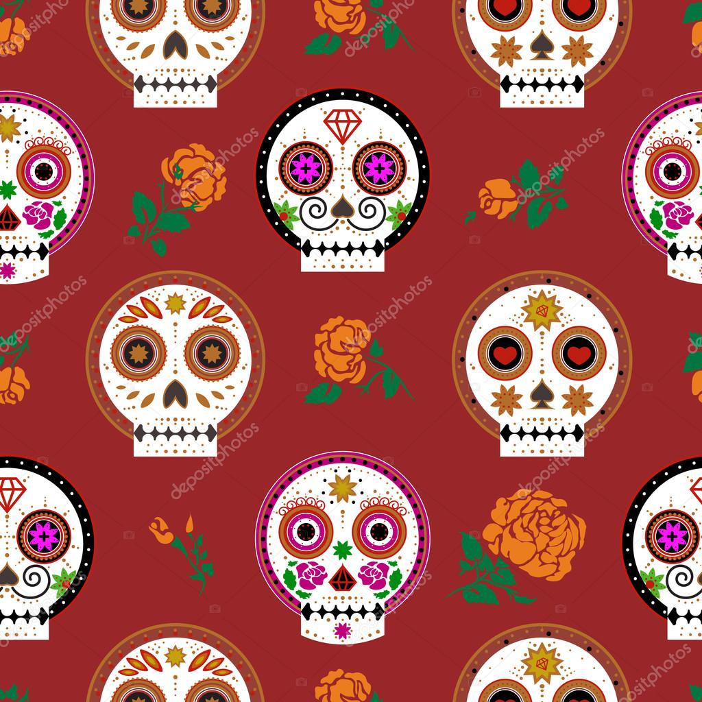 Seamless Pattern With Decorate Skull Roses On Red Background