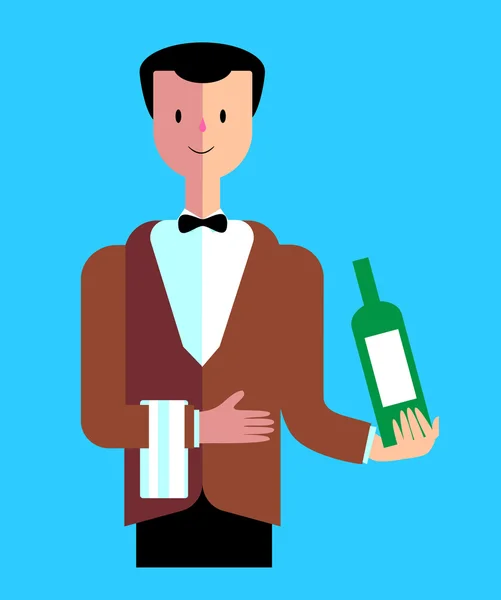 Camarero de estilo plano con una botella de vino y una toalla — Vector de stock