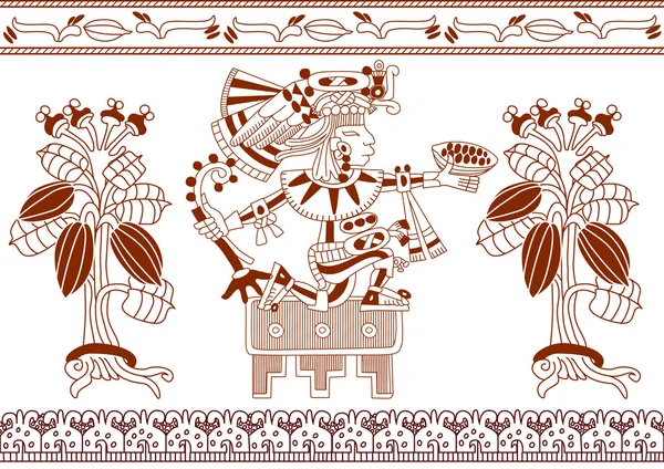 Contour seamless mönster maya, aztec och cacao nibs, cacao träd — Stock vektor