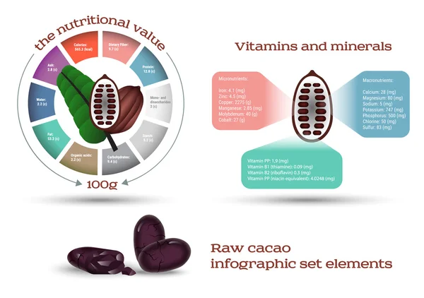 Infografische Set-Elemente mit Kakaobohnen, Nährstoffen und Mineralien — Stockvektor