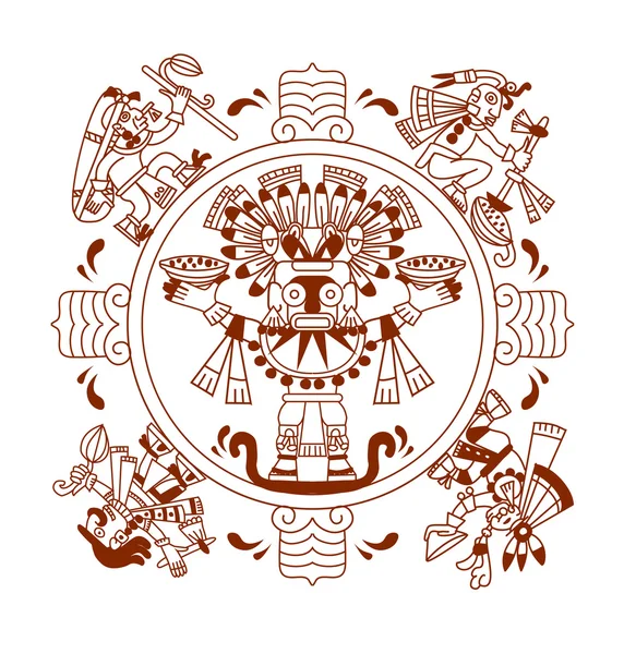 Aztec pattern, cacao nibs, cacao leaves, indians in brown color — Stock Vector