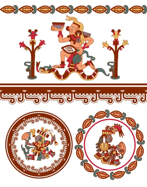 Modello maya, cacao azteco, cioccolato con fagioli di cacao, cacao le — Vettoriale Stock