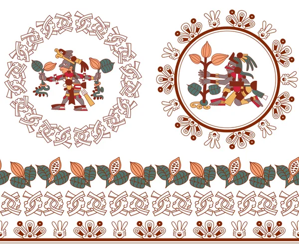 Patrón de contorno maya, plumas de azteca y cacao en marrón, rojo, amarillo, verde y gris en fondo blanco — Archivo Imágenes Vectoriales