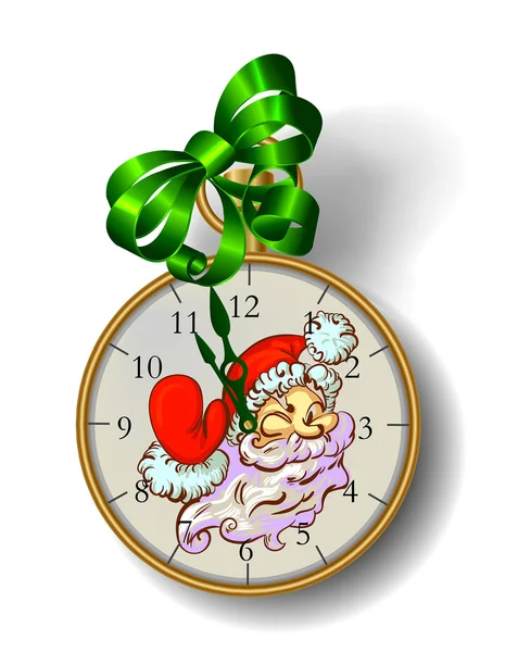 Reloj de oro con Santa Claus en el dial y cinta verde en el a — Vector de stock