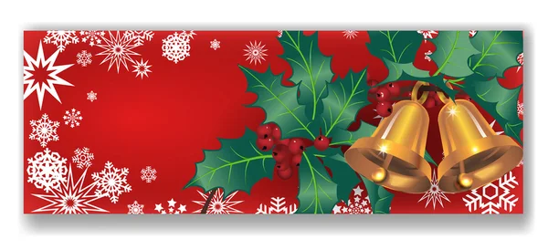 Banner de Natal com visco, sinos dourados, folhas, floco de neve —  Vetores de Stock