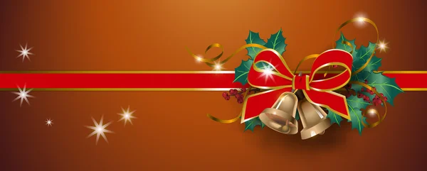 Christmas banner with ribbons, bow, bells, mistletoe on brown ba — 스톡 벡터