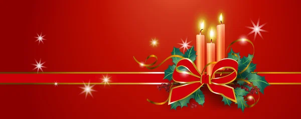 Banner de Natal com velas, fitas, arco, sinos, visco em —  Vetores de Stock