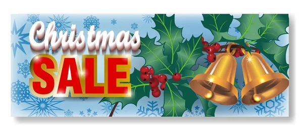 Banner de Natal com visco, sinos dourados, folhas, floco de neve — Vetor de Stock