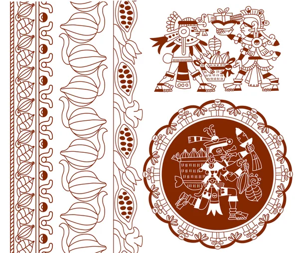 Drawing silhouette aztec cacao bean, leaves, nibs  pattern on wh — 图库矢量图片