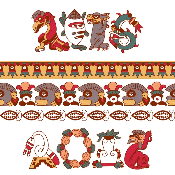 Boceto dibujo azteca grano de cacao, hojas, plumas, patrón de mono — Vector de stock