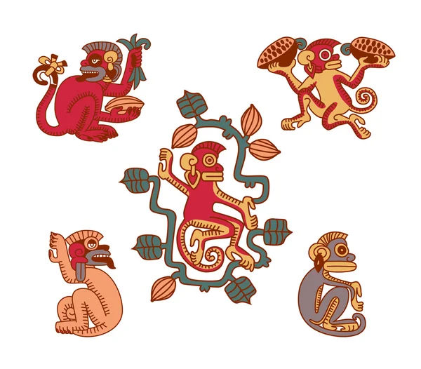 Desenho do esboço feijão de cacau azteca, folhas, morcegos, padrão de macaco —  Vetores de Stock