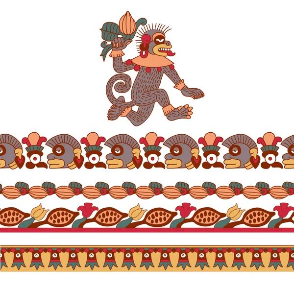 Desenho do esboço feijão de cacau azteca, folhas, morcegos, padrão de macaco — Vetor de Stock