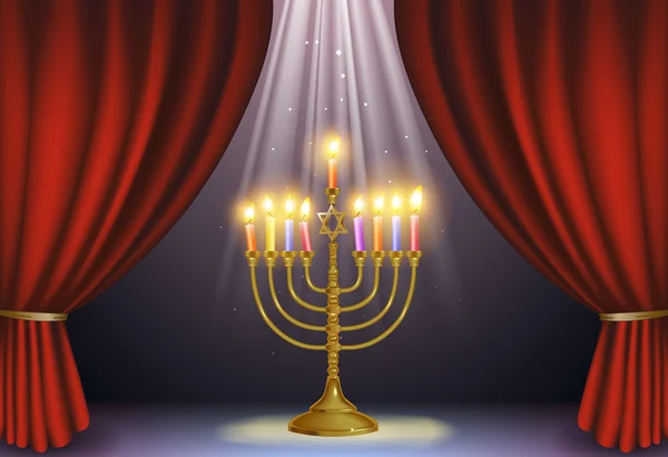 Stylized golden candleholder for Hanukkah with candles in red, y — Stockvector