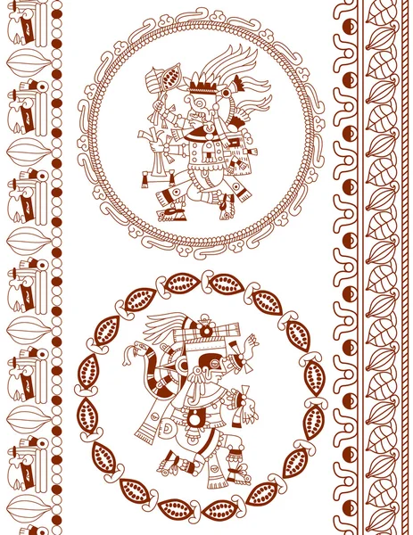 Schets tekening silhouet Azteekse cacao bonen, bladeren, nibs patroon — Stockvector