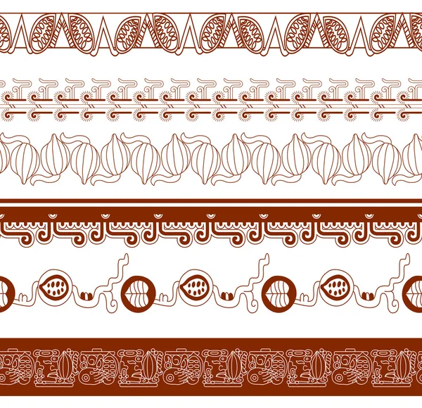 Schets tekening Azteekse cacao bonen, bladeren, nibs, patroon set — Stockvector