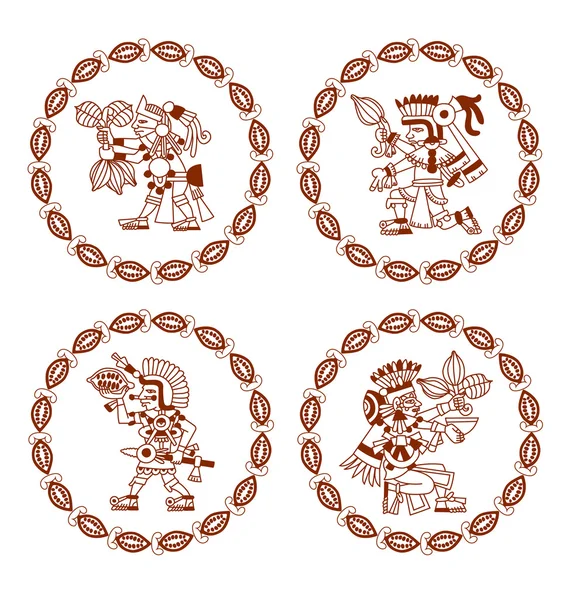 Skizze Zeichnung Silhouette Azteken-Kakaobohne, Blätter, Federn Muster — Stockvektor