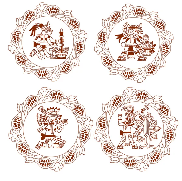 Boceto dibujo silueta azteca cacao frijol, hojas, plumas patrón — Archivo Imágenes Vectoriales