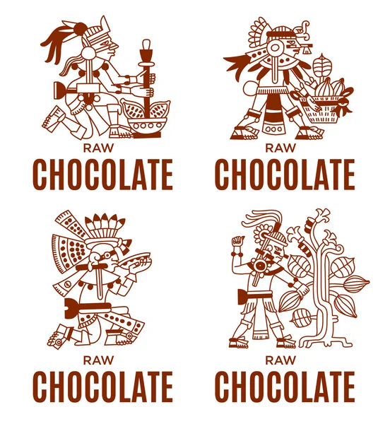 素描绘画阿兹台克人的可可豆、 叶子、 笔尖、 乔科的模式 — 图库矢量图片