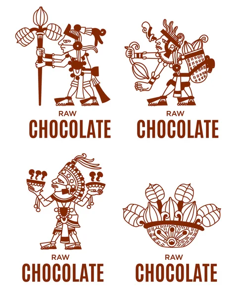 Padrão de contorno maya, aztec e cacau nibs, logotipo rótulo de chocolate — Vetor de Stock