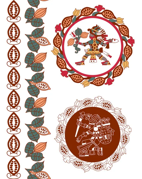 Skizze Konturenmuster Maya, Azteken und Kakaofedern, Schokolade — Stockvektor