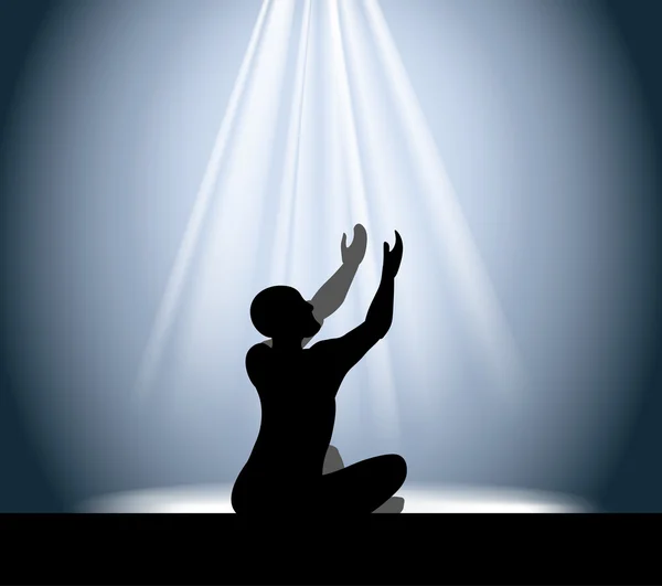 Silueta de un hombre en oración levanta las manos con rayos que vienen — Vector de stock