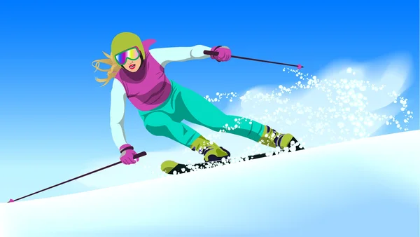 Женщина на лыжах спускается с холма — стоковый вектор