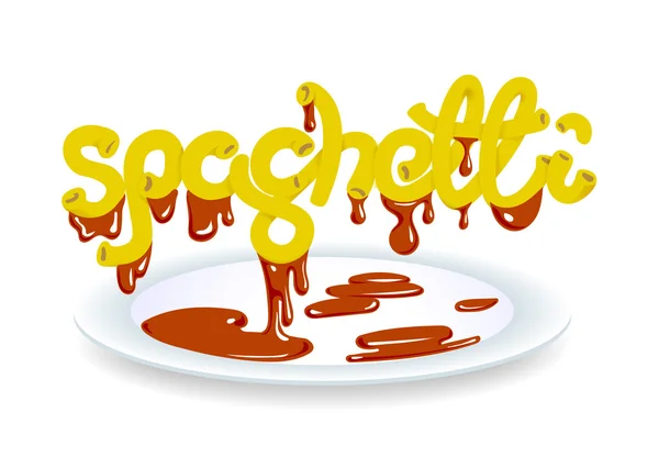 Spaghetti banner with stylized text, plate with sauce on white b — Stock Vector