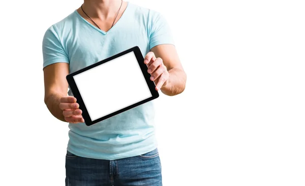 Homem mostrando tela do computador tablet — Fotografia de Stock