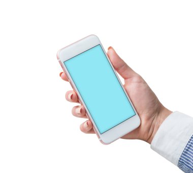 Beyaz akıllı telefon kullanan kadın. Kırpma yolu dahil.