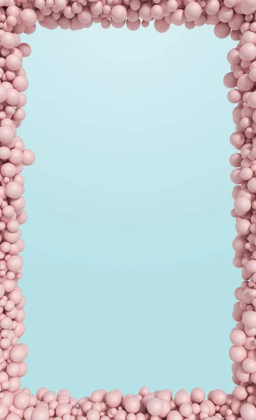 Mnoho růžových balónků podél linie rámu, s modrým pozadím vzadu — Stock fotografie