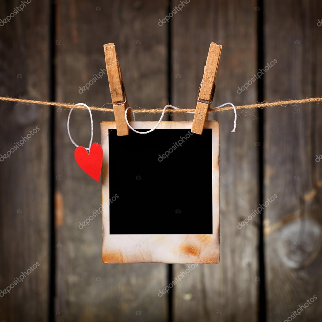 Photo Frame With Paper Heart Hang On Rope Stock Ouh Desire Blank Instant Photo And Small Red Paper Heart Hanging On The Clothesline Old Wood Background