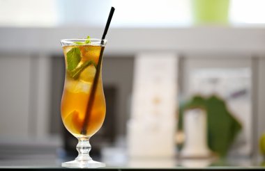 cocktail with fresh peach, mint and ice clipart