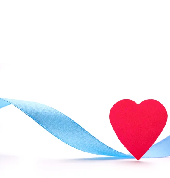 Red paper heart with blue ribbon — Stock Photo, Image