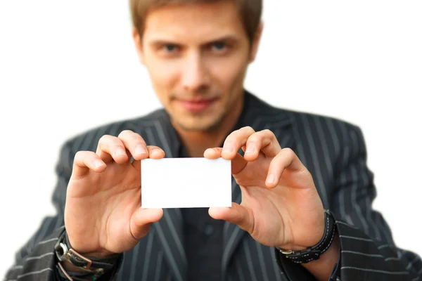 Hombre mostrando tarjeta de visita en blanco — Foto de Stock