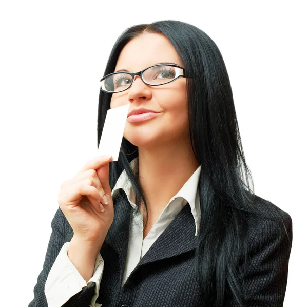 Mujer sosteniendo tarjeta en blanco — Foto de Stock