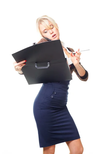 Businesswoman looking case — Stock Photo, Image