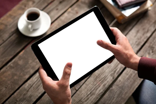 Tablet computer with isolated screen in male hands — Stock Photo, Image