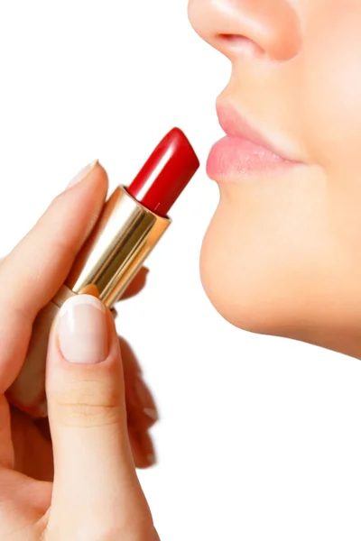 Woman making makeup with lipstick — Stock Photo, Image