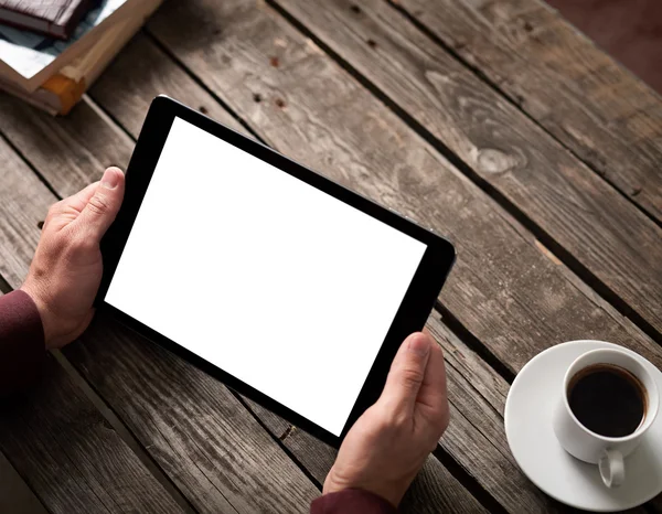 Tablet computer with isolated screen in male hands — Stock Photo, Image