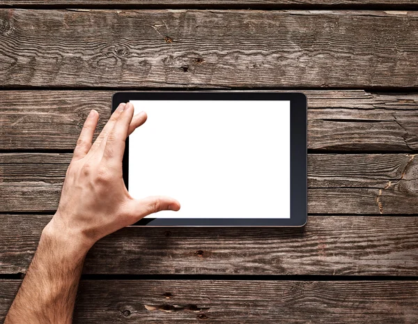 El hombre utiliza un gesto de propagación en la pantalla táctil — Foto de Stock