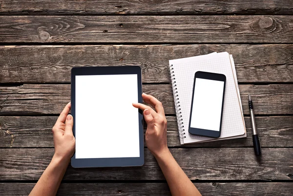 Woman scroll down screen of digital tablet — Stock Photo, Image