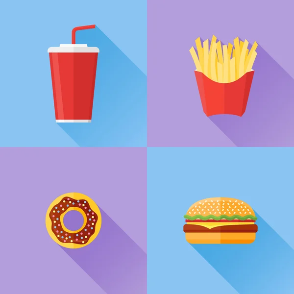 Set dari makanan cepat saji datar gaya ikon - Stok Vektor