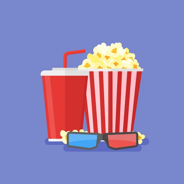 Palomitas de maíz, refrescos para llevar y gafas de cine 3D. Diseño de cine en estilo plano . — Vector de stock