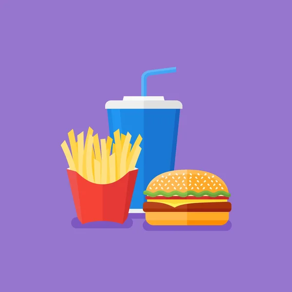 Snabbmat i platt stil. Hamburgare, pommes frites och läsk takeaway. — Stock vektor